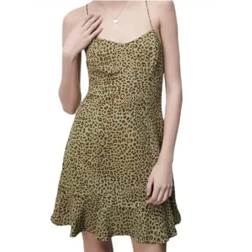 ZARA Dress Womens Small Green Leopard Print Strappy Mini‎ Ruffle Hem